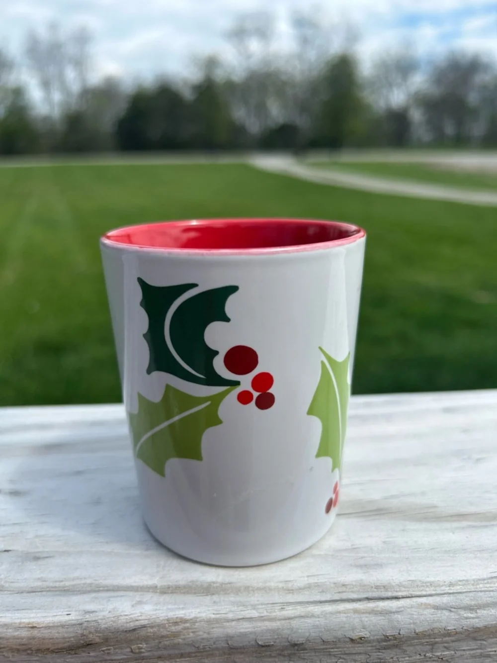 Starbucks Christmas Holly Leaf and Berry 9 oz Coffee Mug | White w/Gr & Red 2011